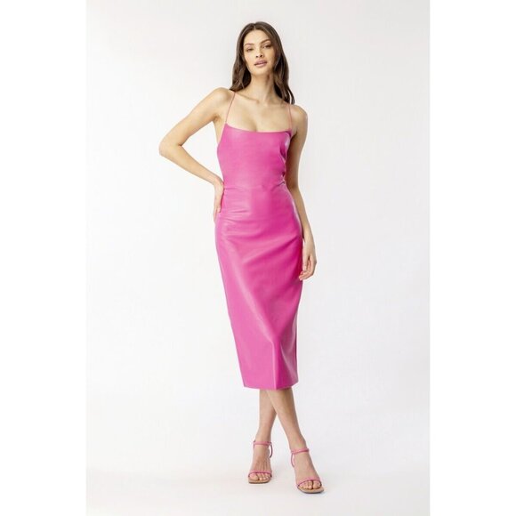 Bardot Helena Vegan Leather Dress Hot Pink Back Lace Up - Picture 1 of 6